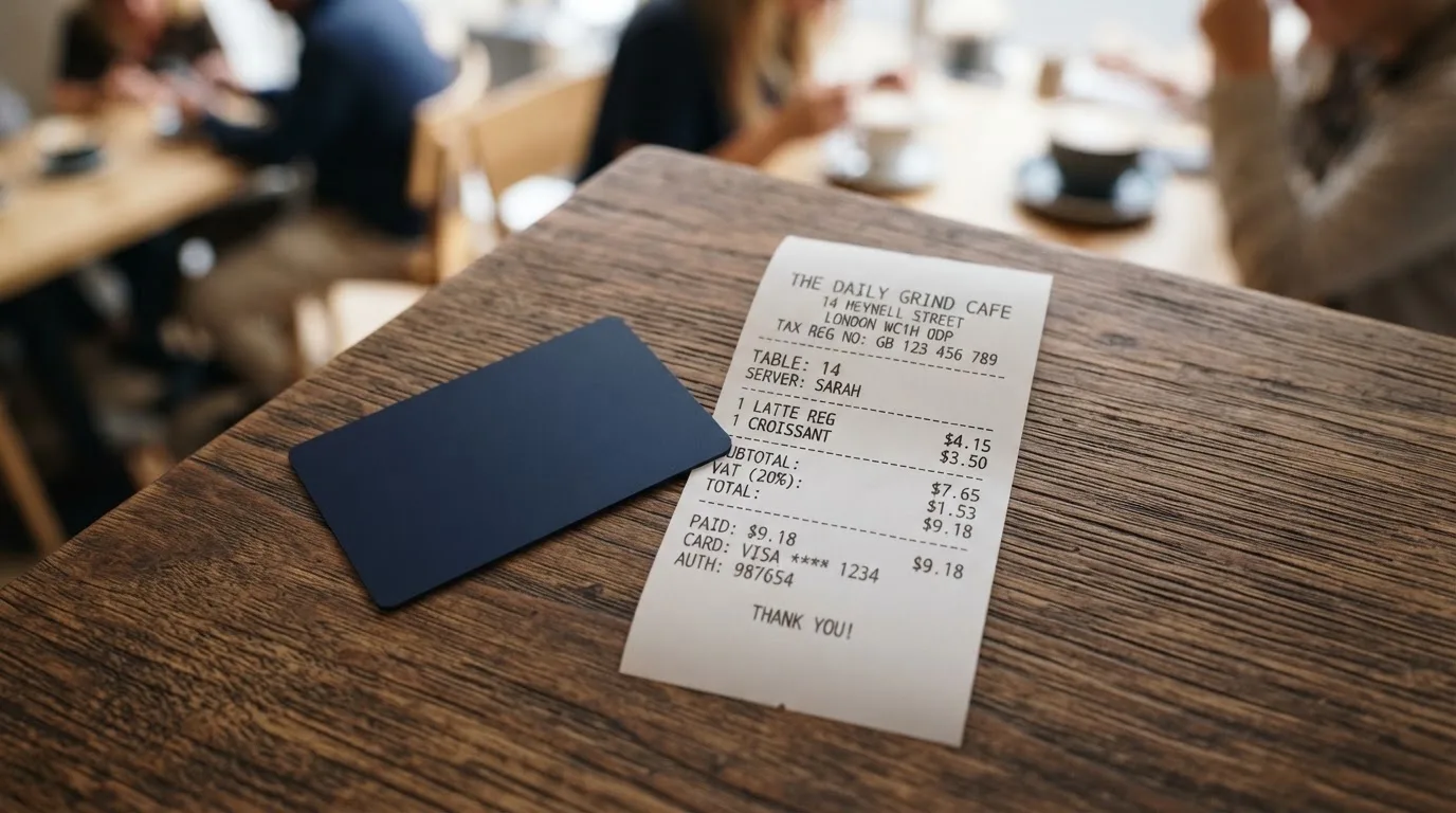 A receipt and a card on a café table