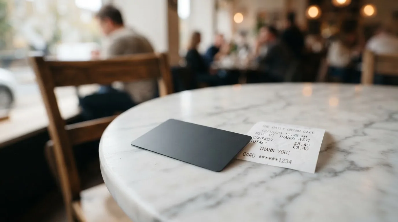 A receipt and a card on a café table