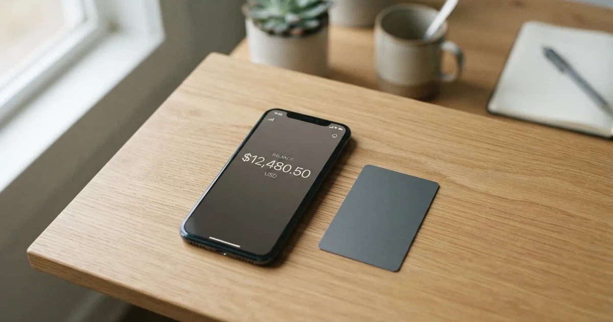 A payment card next to a phone with a crypto wallet app open