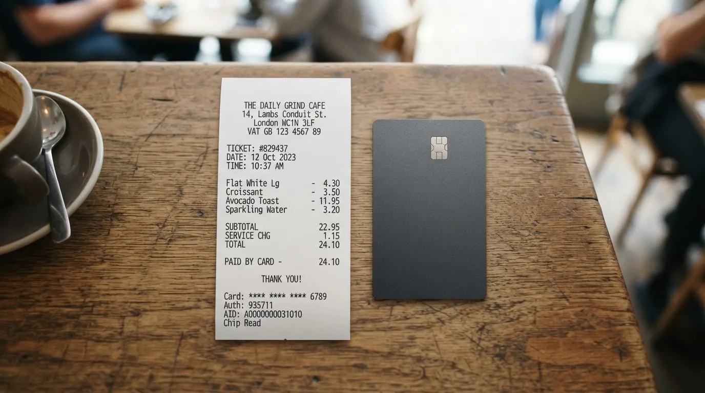 A receipt and a card on a café table