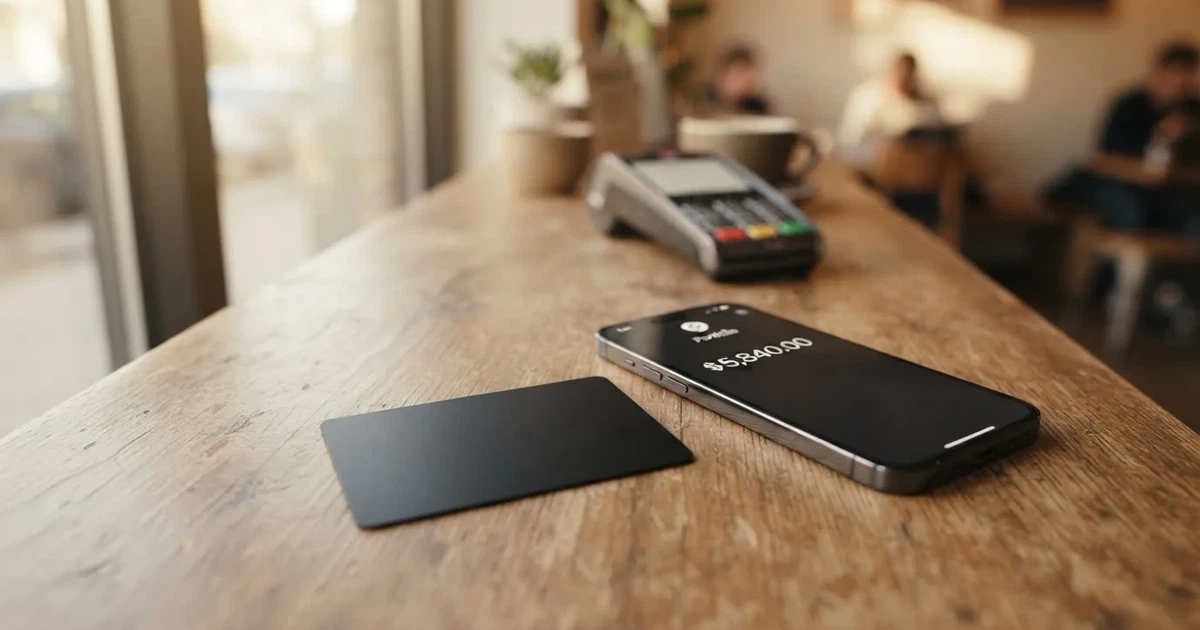 A payment card next to a phone with a crypto wallet app open