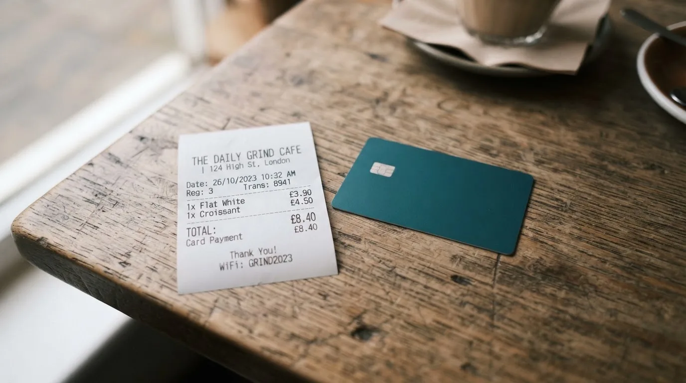 A receipt and a card on a café table