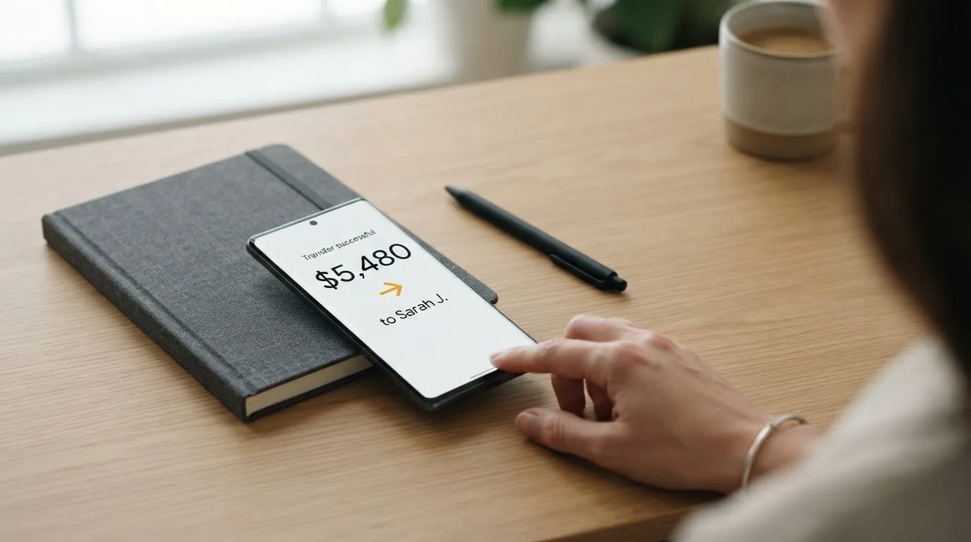A phone showing a stablecoin transfer screen