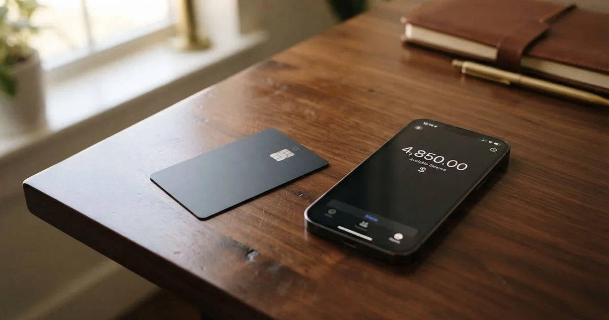 A payment card next to a phone with a crypto wallet app open