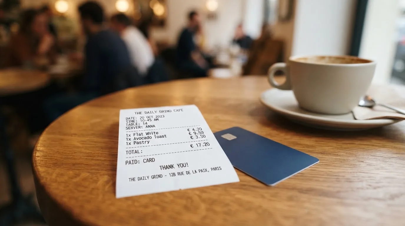 A receipt and a card on a café table
