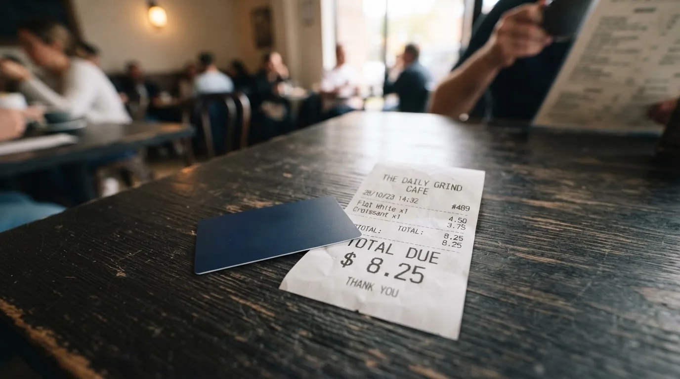A receipt and a card on a café table