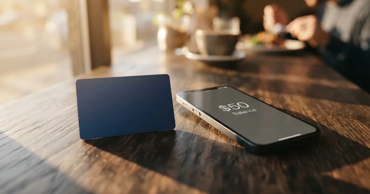 A payment card next to a phone with a crypto wallet app open
