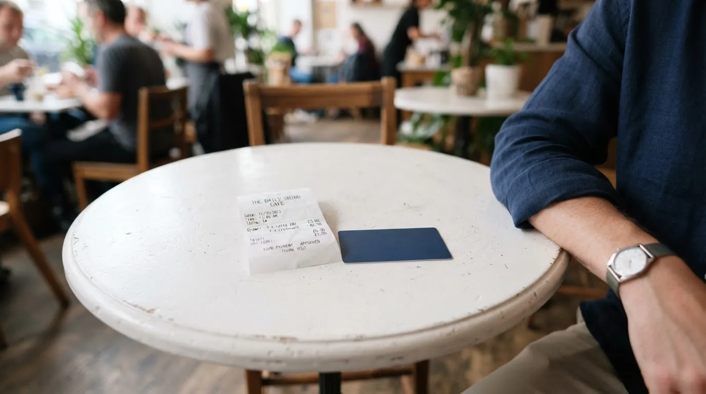A receipt and a card on a café table