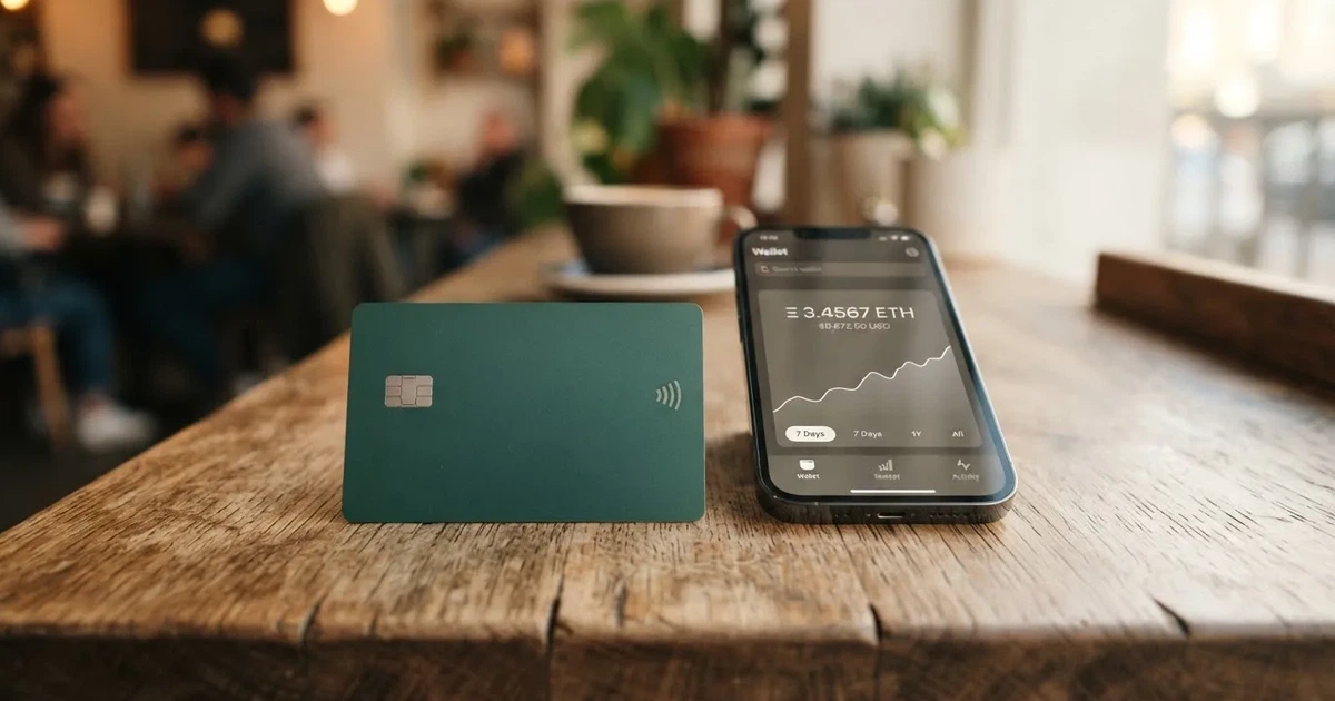 A payment card next to a phone with a crypto wallet app open