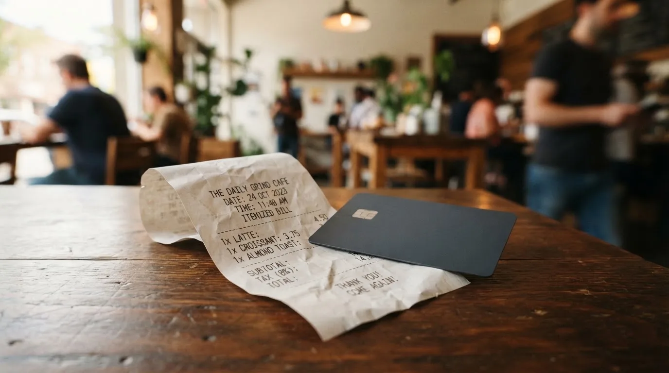 A receipt and a card on a café table