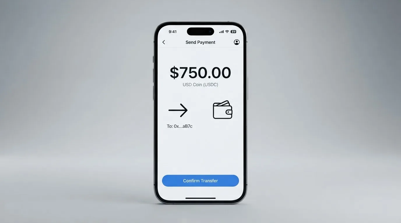 A phone showing a stablecoin transfer screen