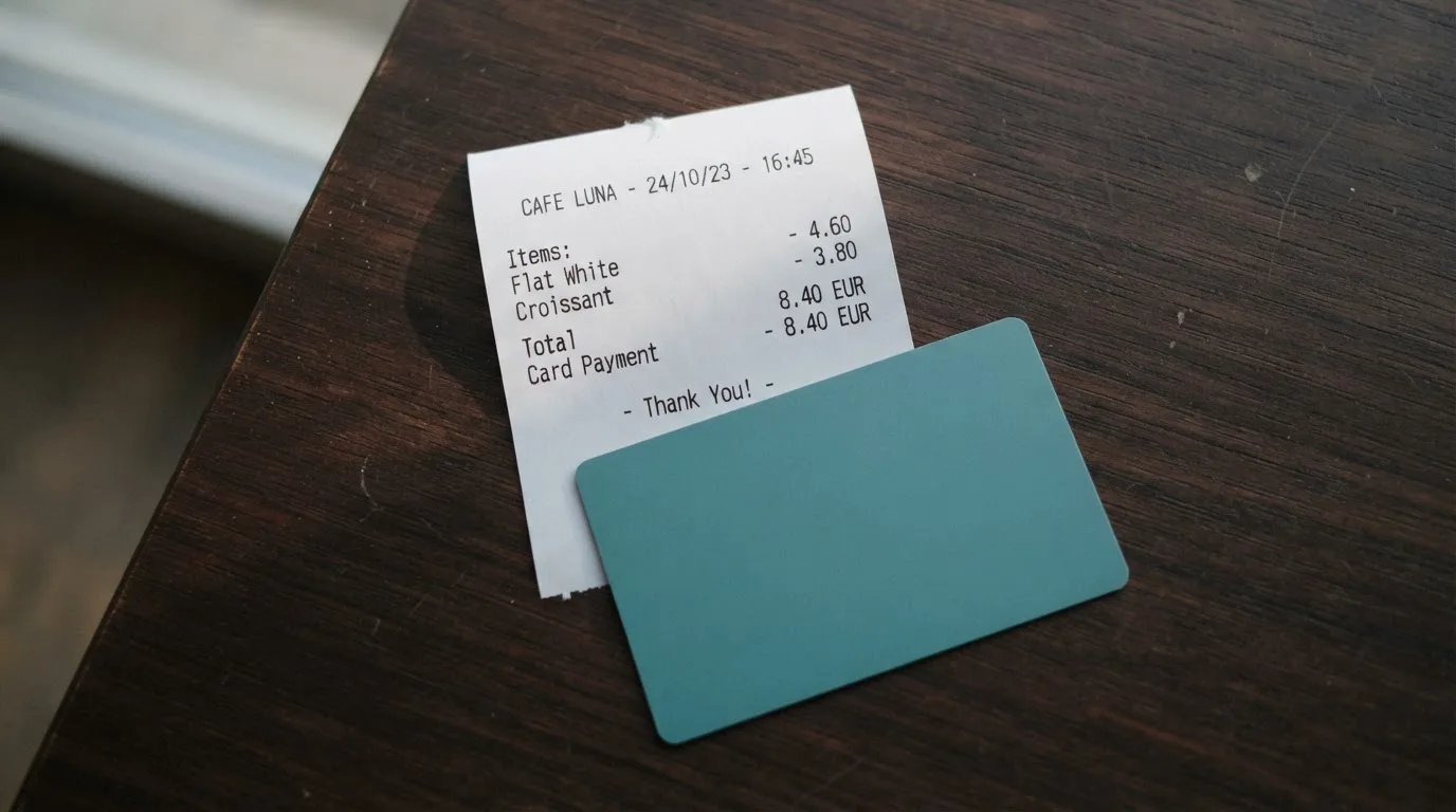 A receipt and a card on a café table