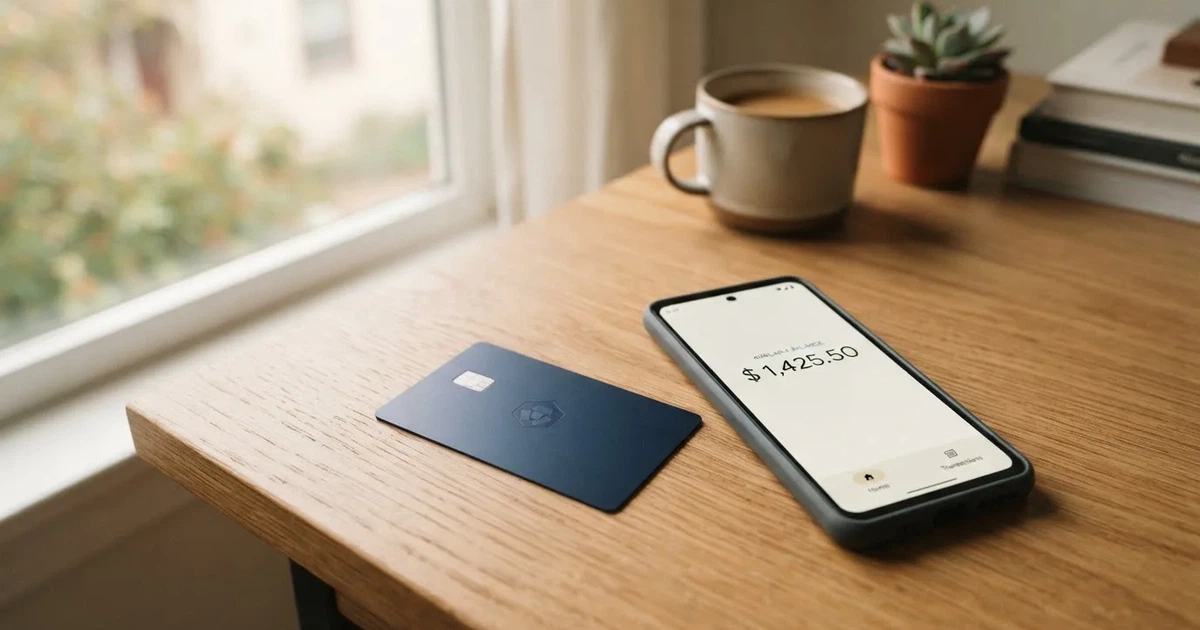 A payment card next to a phone with a crypto wallet app open