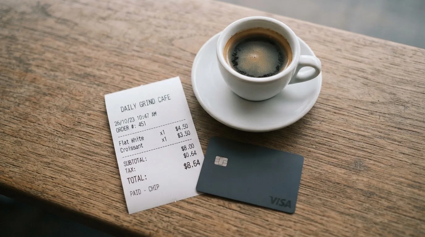 A receipt and a card on a café table