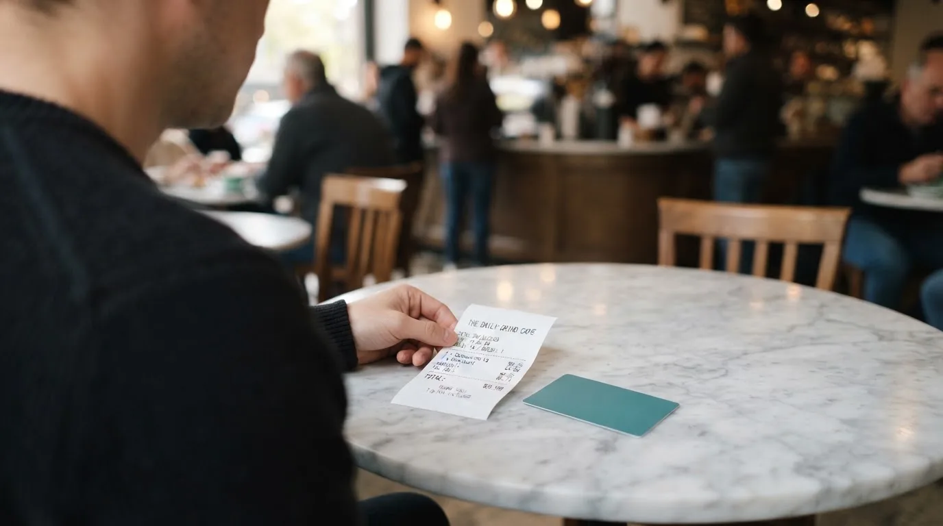 A receipt and a card on a café table