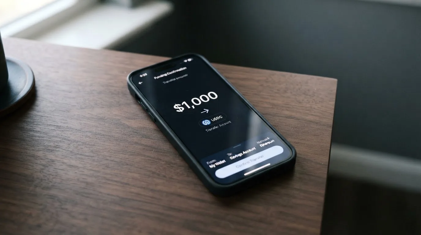 A phone showing a stablecoin transfer screen