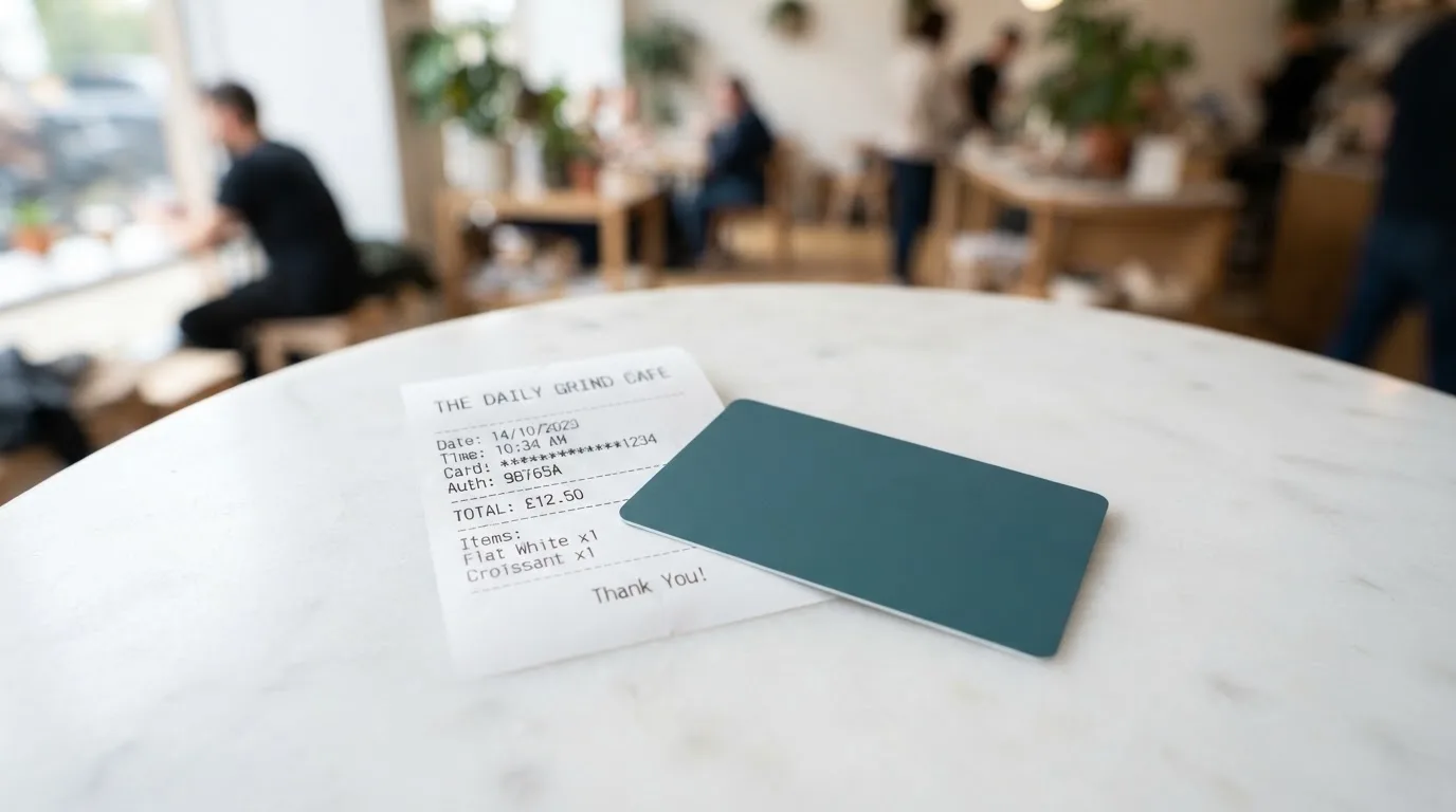 A receipt and a card on a café table