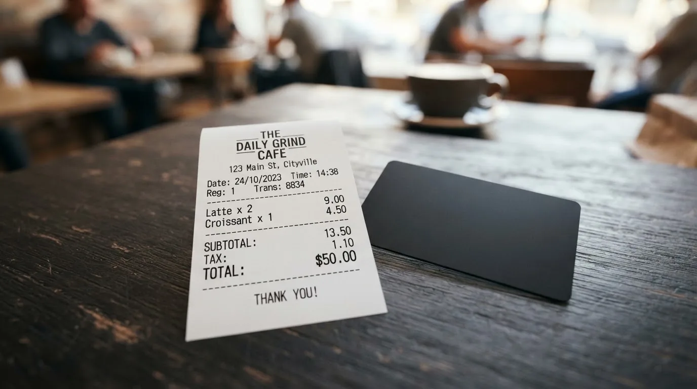 A receipt and a card on a café table