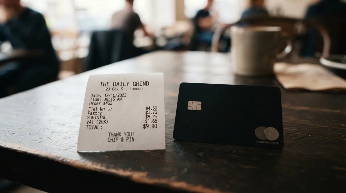 A receipt and a card on a café table