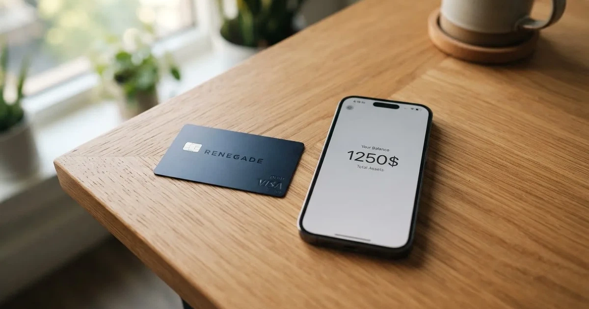 A payment card next to a phone with a crypto wallet app open