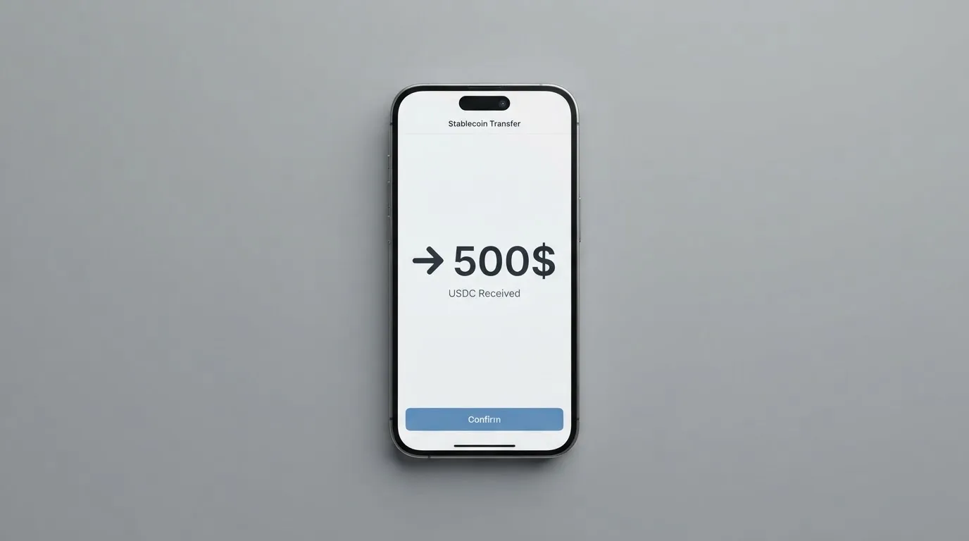 A phone showing a stablecoin transfer screen