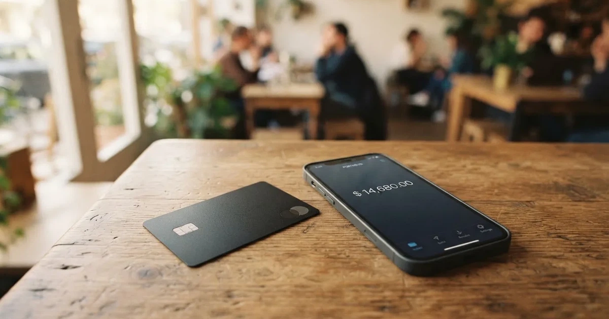 A payment card next to a phone with a crypto wallet app open