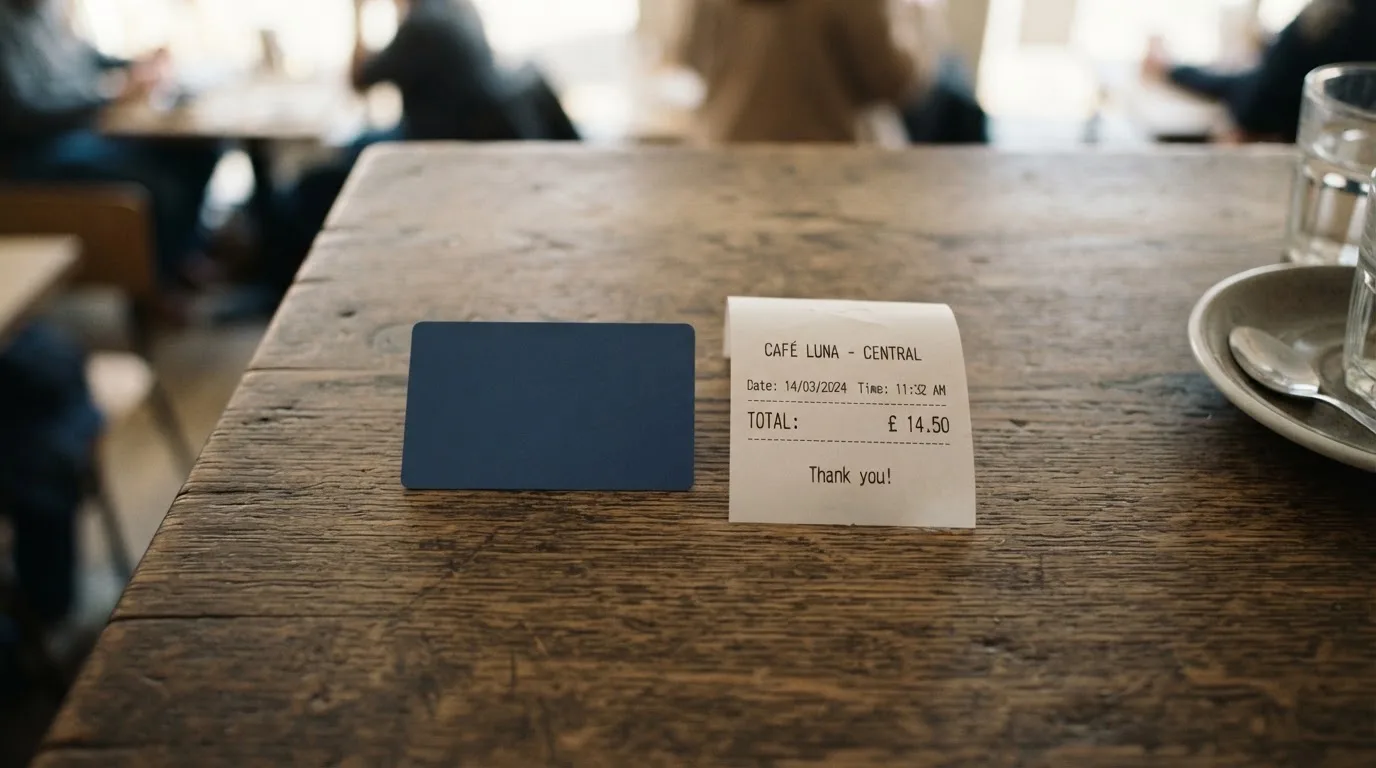 A receipt and a card on a café table