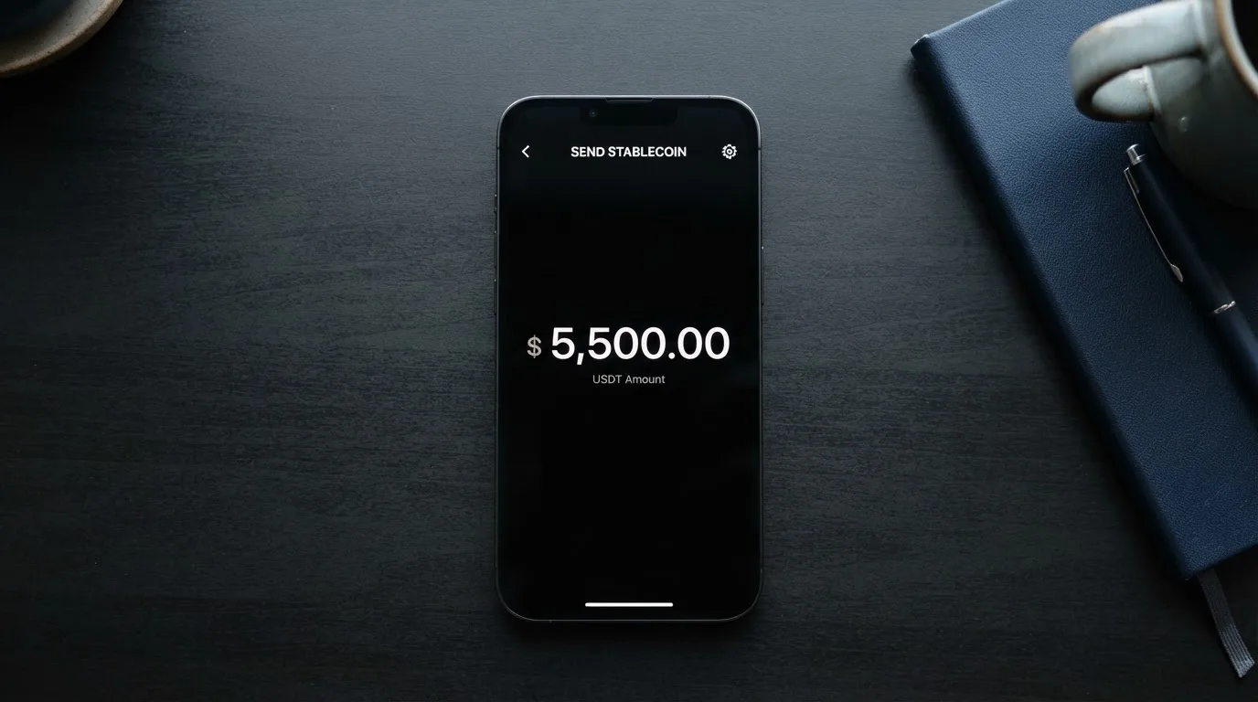 A phone showing a stablecoin transfer screen