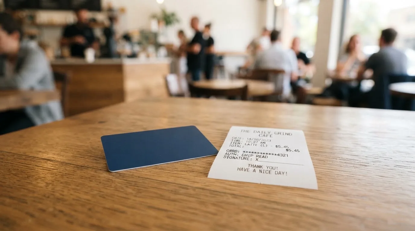 A receipt and a card on a café table