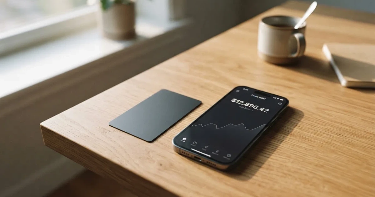 A payment card next to a phone with a crypto wallet app open
