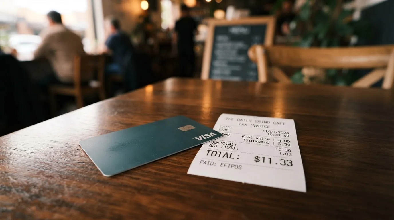 A receipt and a card on a café table
