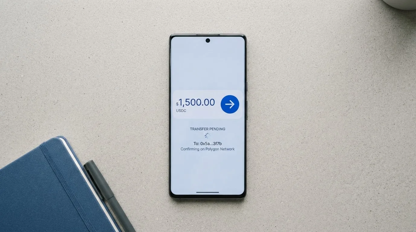A phone showing a stablecoin transfer screen