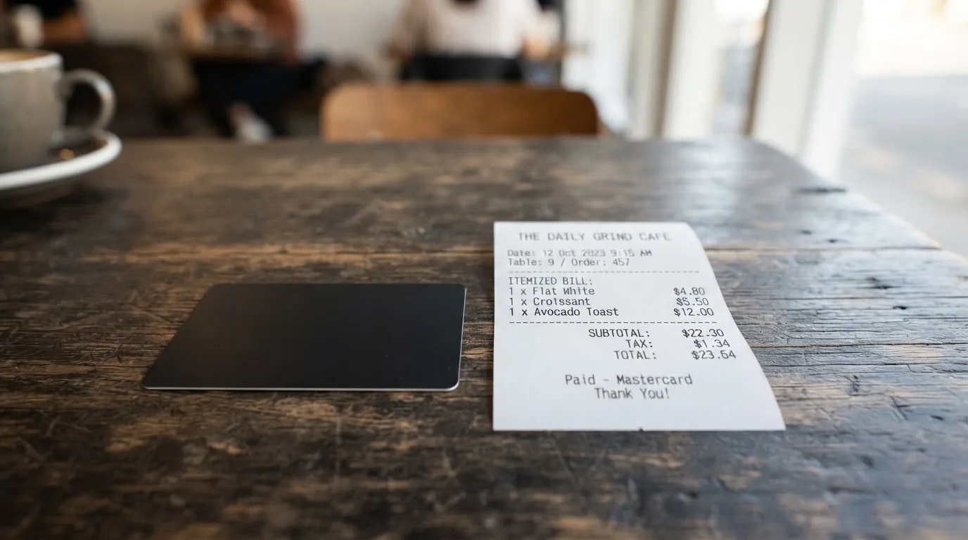 A receipt and a card on a café table