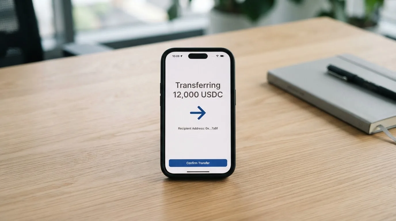 A phone showing a stablecoin transfer screen