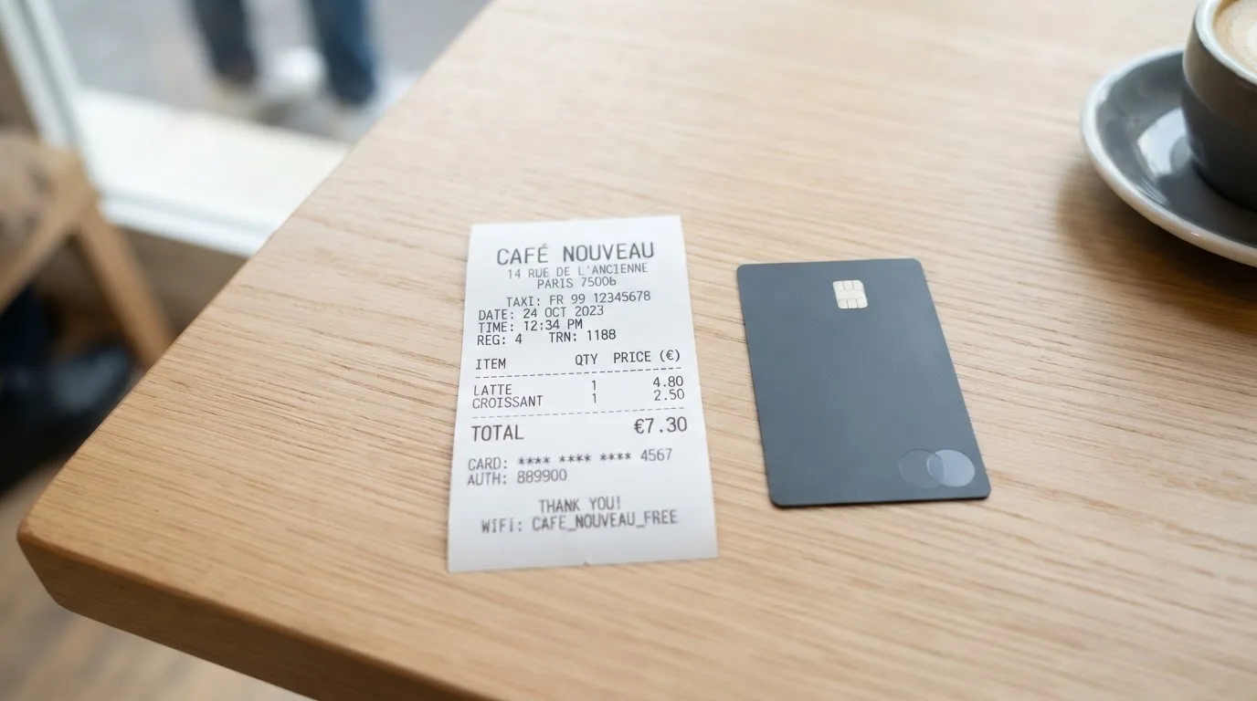 A receipt and a card on a café table