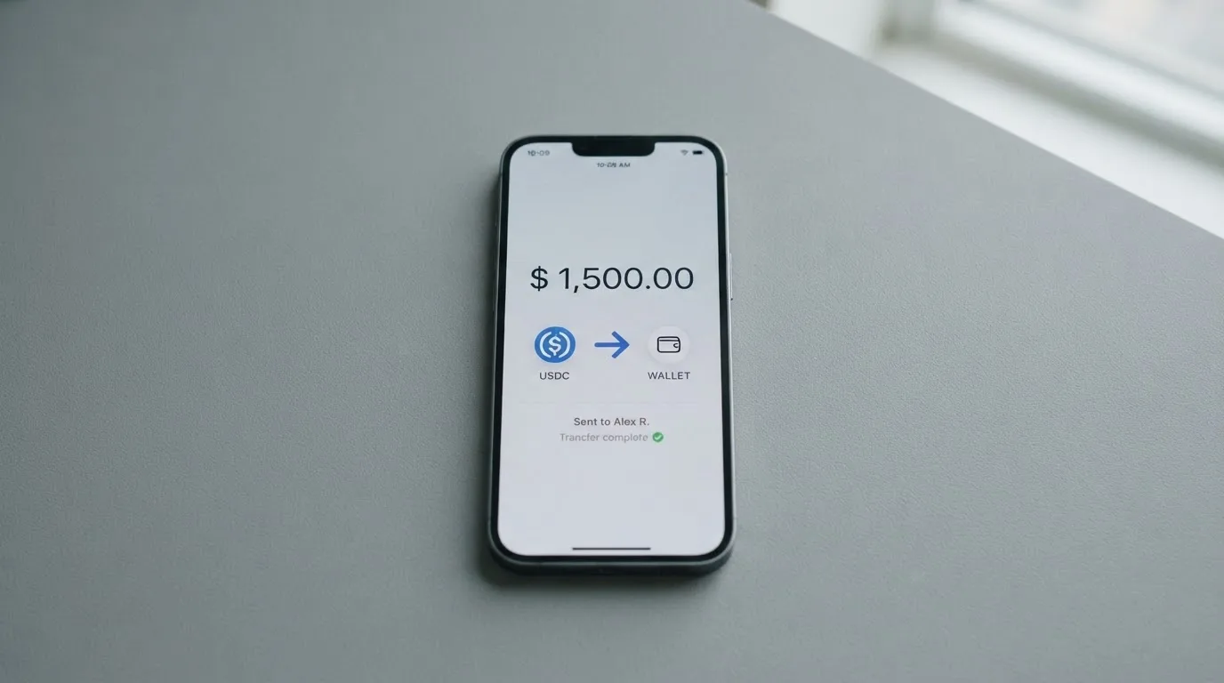 A phone showing a stablecoin transfer screen