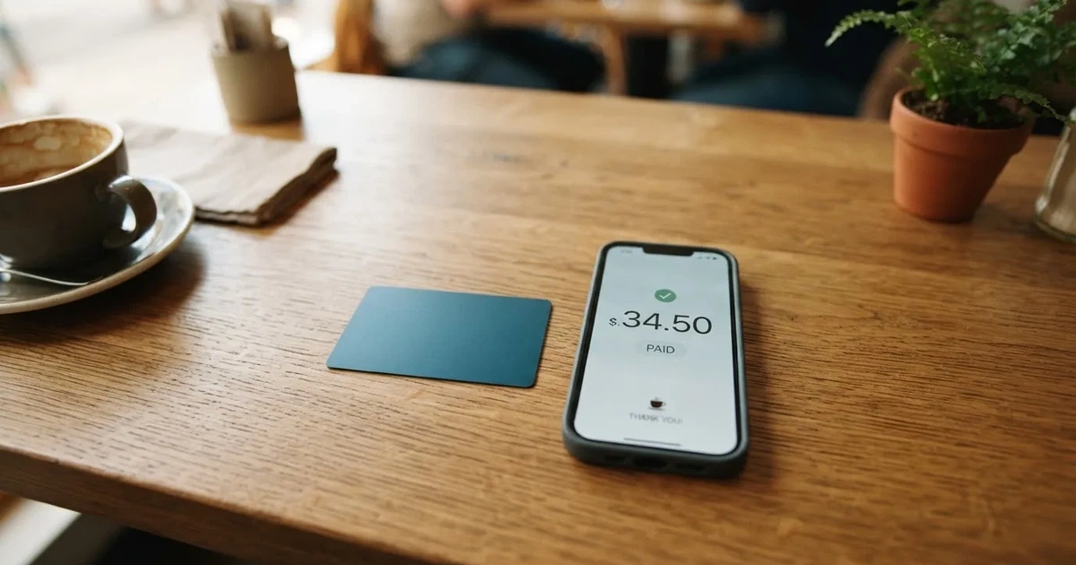 A payment card next to a phone with a crypto wallet app open