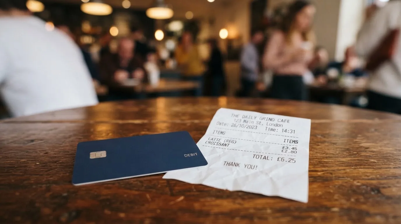 A receipt and a card on a café table