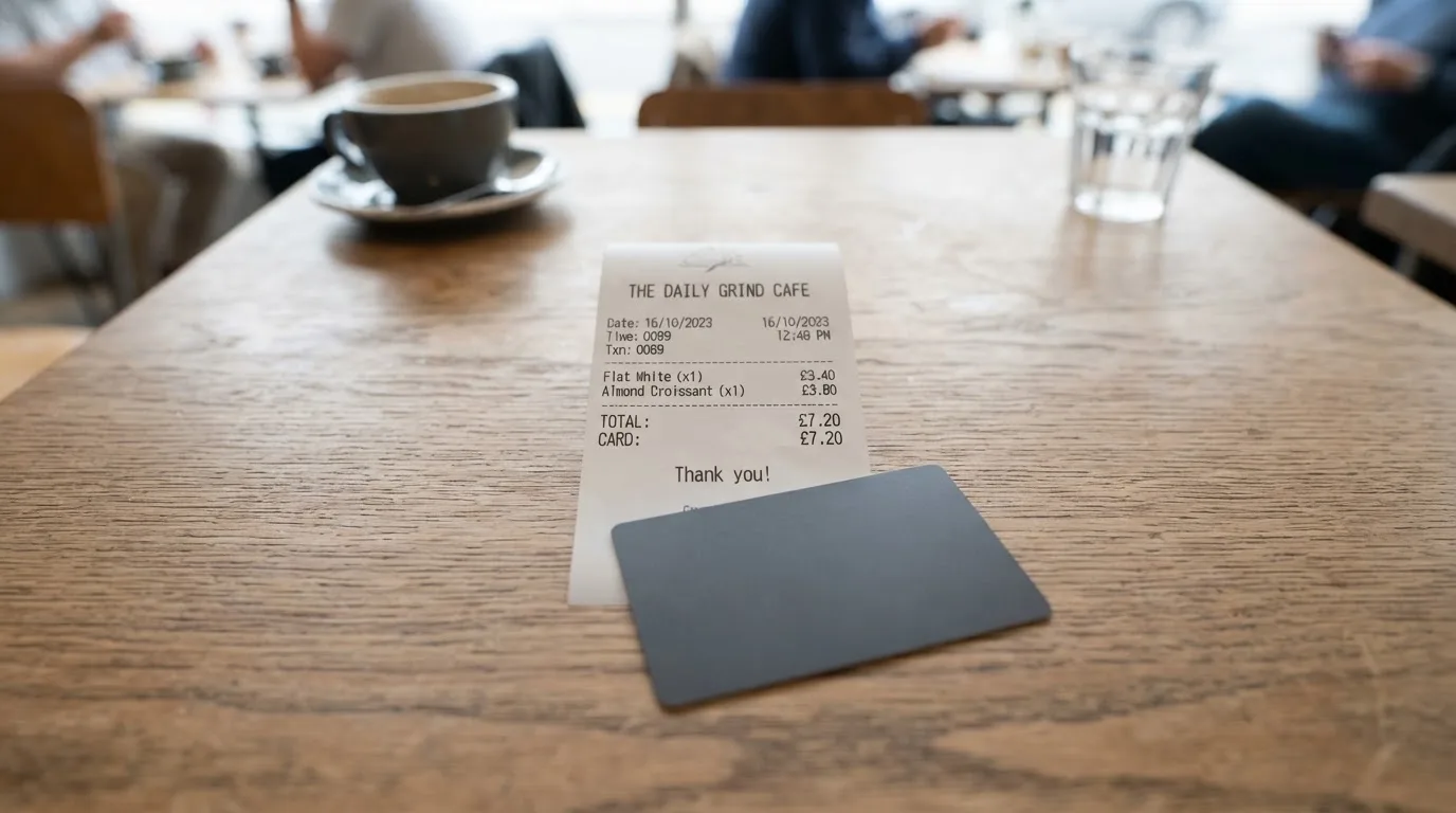 A receipt and a card on a café table