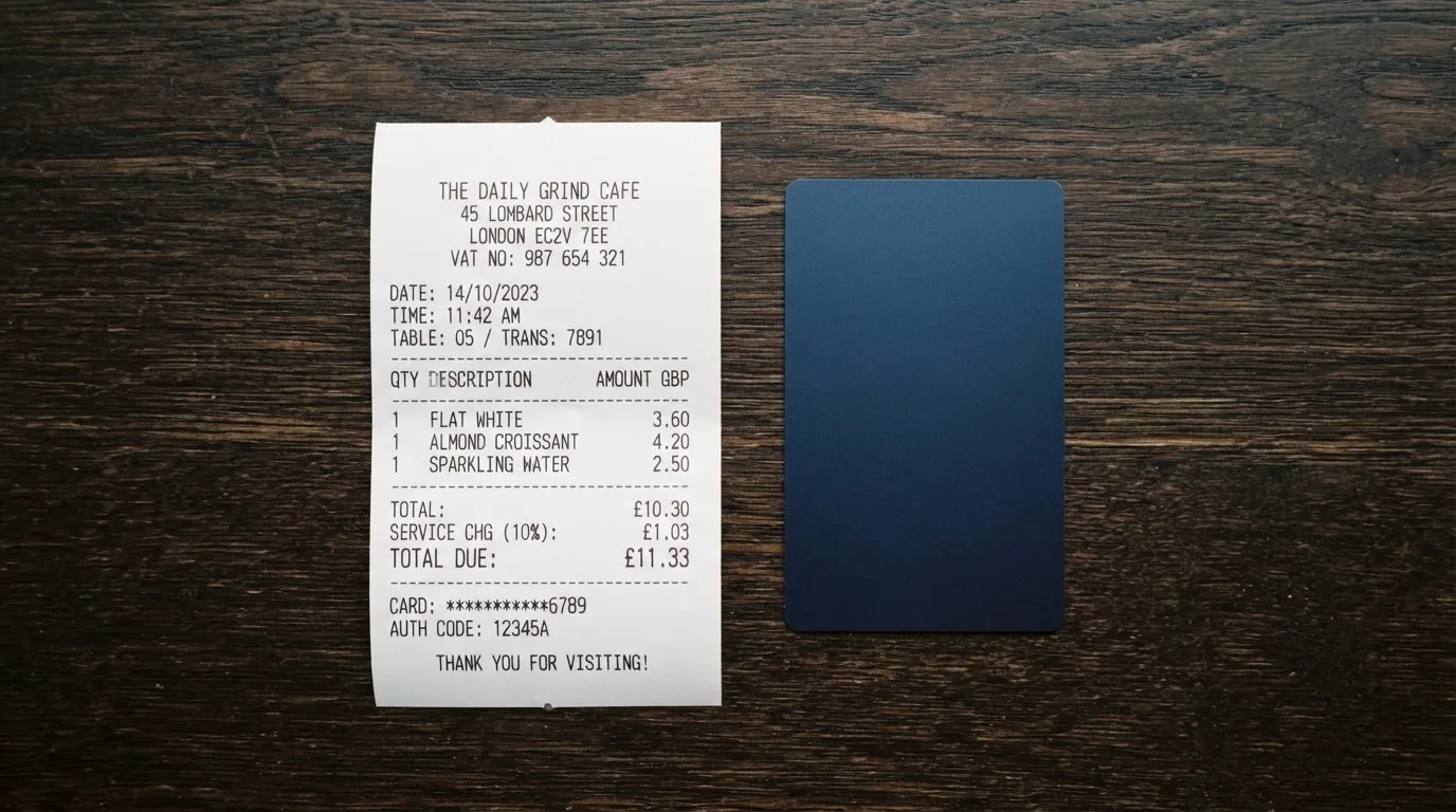 A receipt and a card on a café table