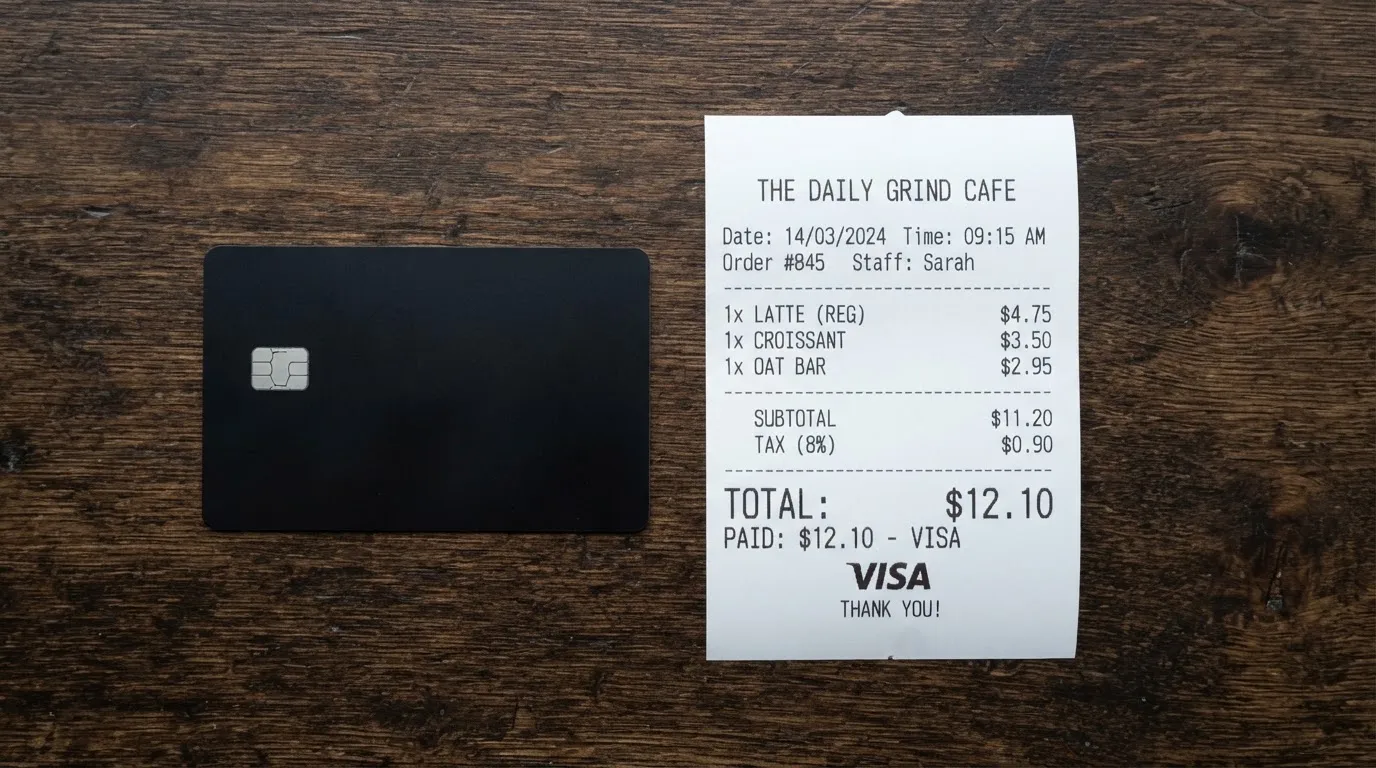 A receipt and a card on a café table