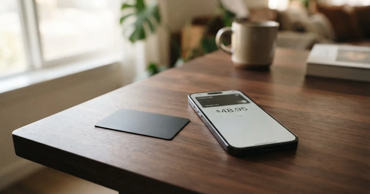 A payment card next to a phone with a crypto wallet app open