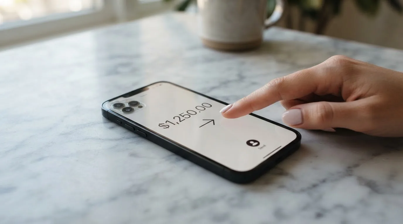 A phone showing a stablecoin transfer screen