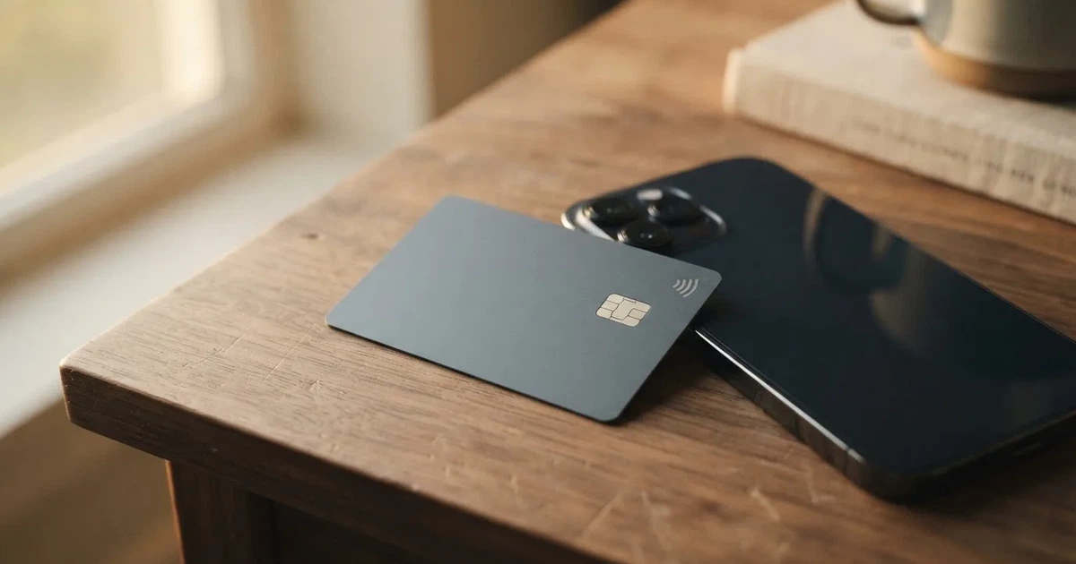 A payment card next to a phone with a crypto wallet app open