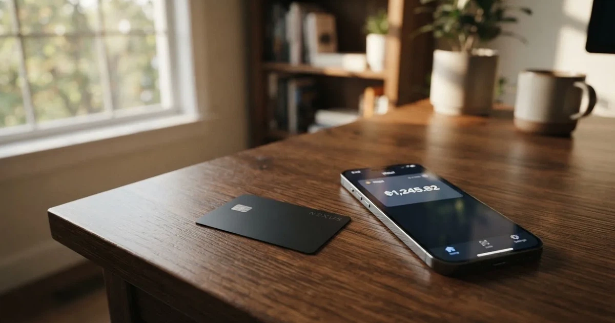 A payment card next to a phone with a crypto wallet app open