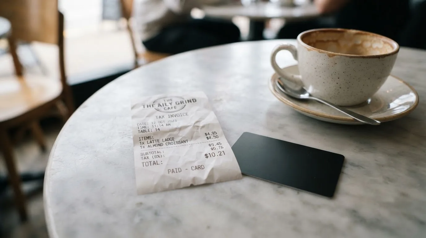 A receipt and a card on a café table