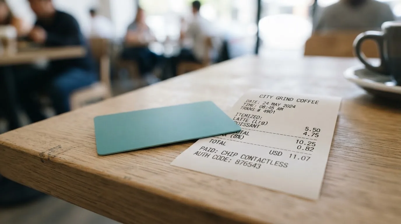 A receipt and a card on a café table