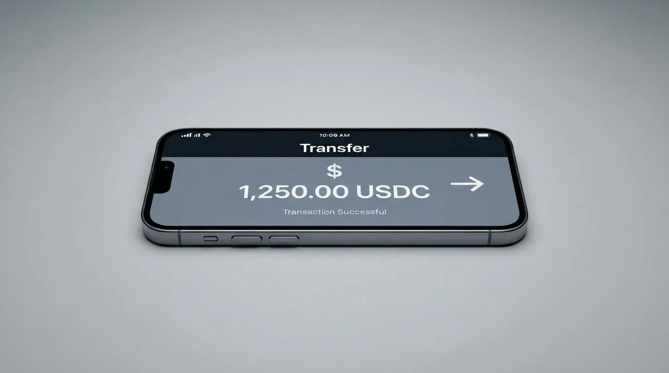 A phone showing a stablecoin transfer screen