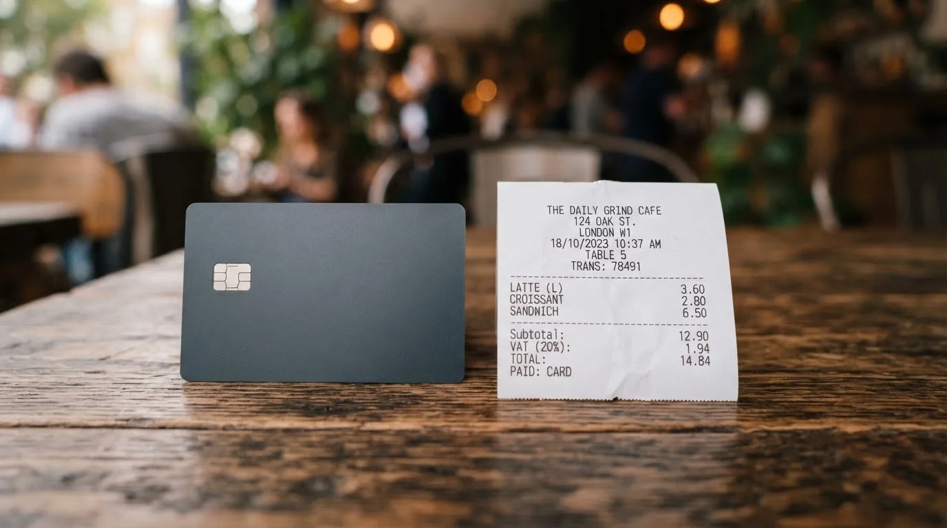A receipt and a card on a café table