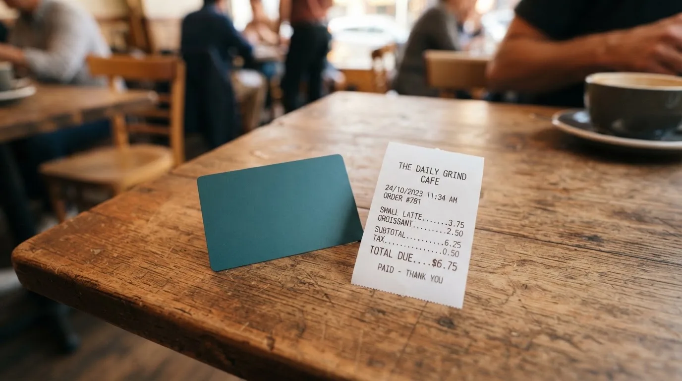 A receipt and a card on a café table